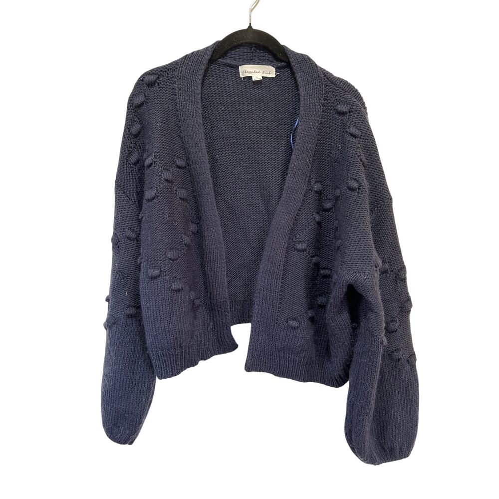 Threaded Leaf navy chunky knit cardigan womens L cropped open front